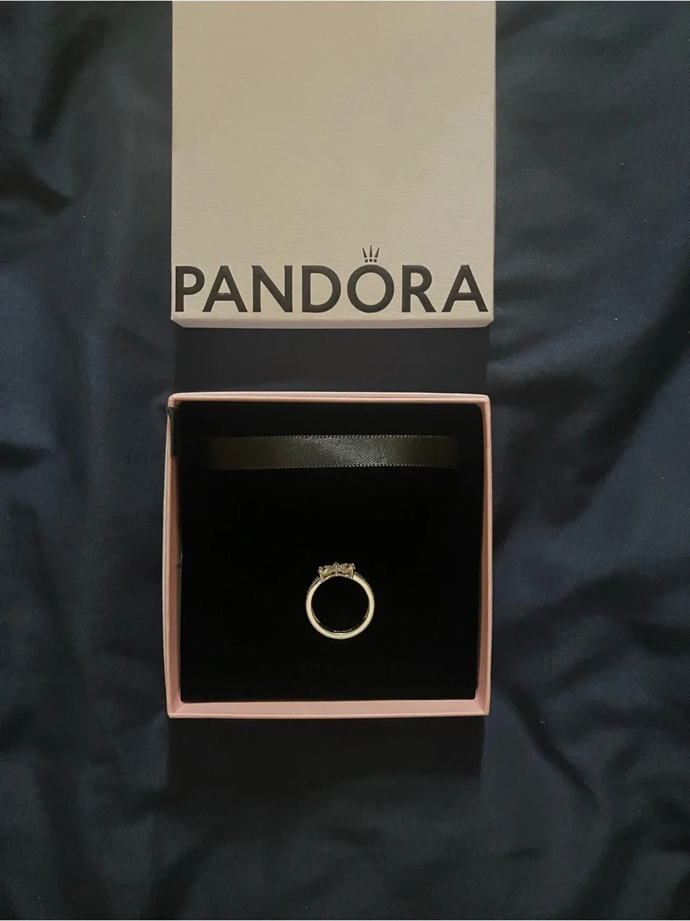Pandora Silver Ring with Clear Stones in Light Pink Box